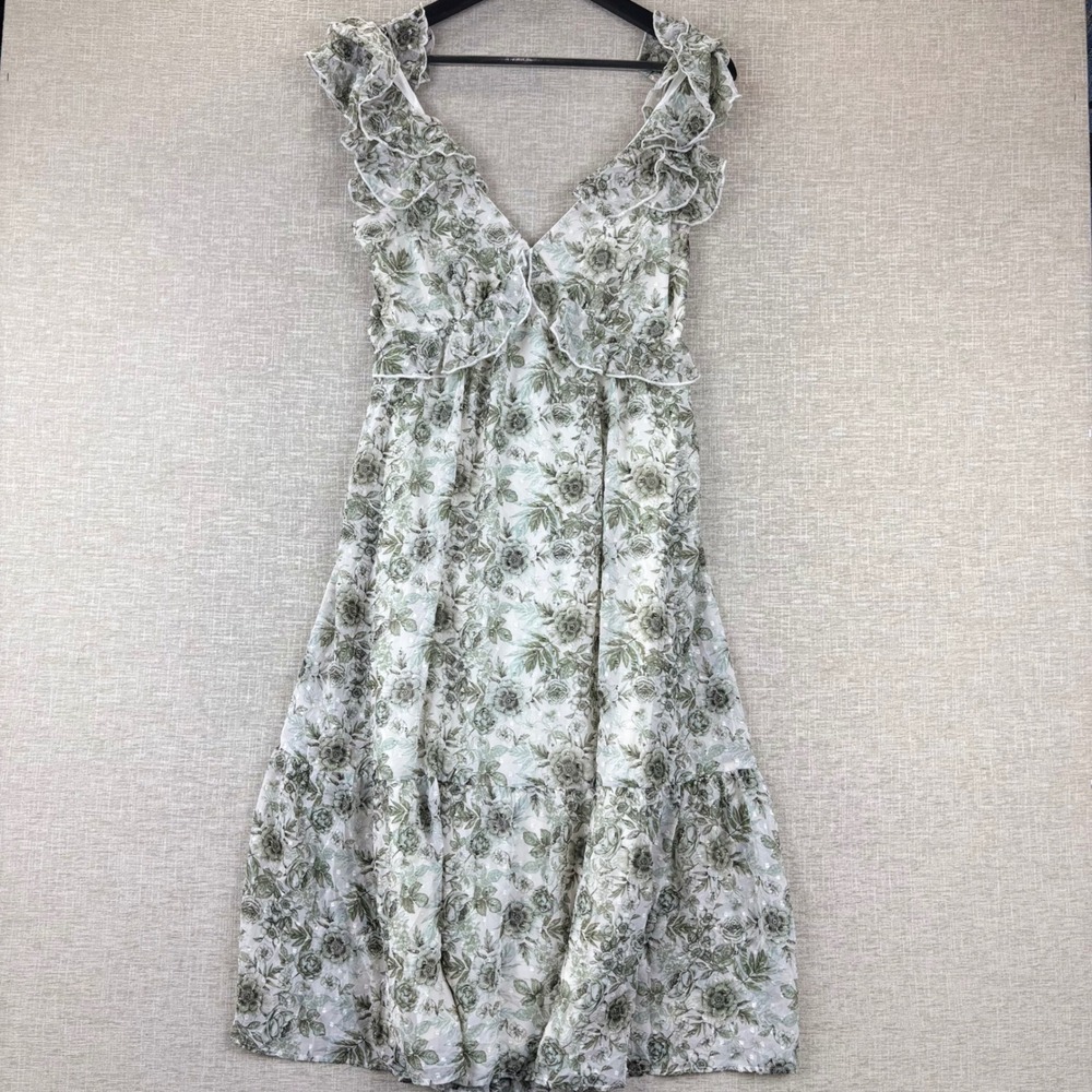 Trixxi Los Angeles Green Floral Ruffle Tiered Midi Dress Womens M Smocked Back